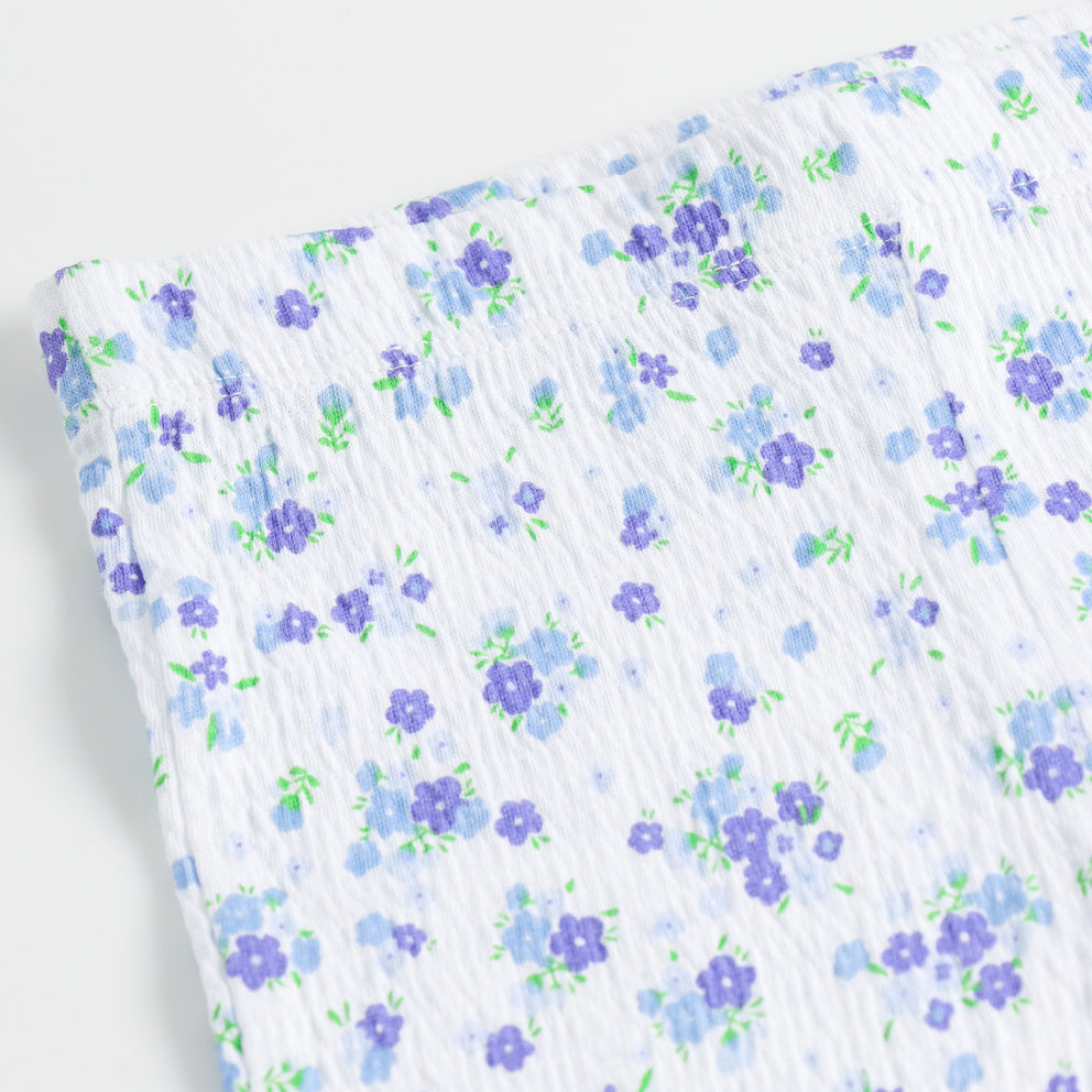 White & Blue Floral Print Flared Ruffle Hem Ribbed Leggings