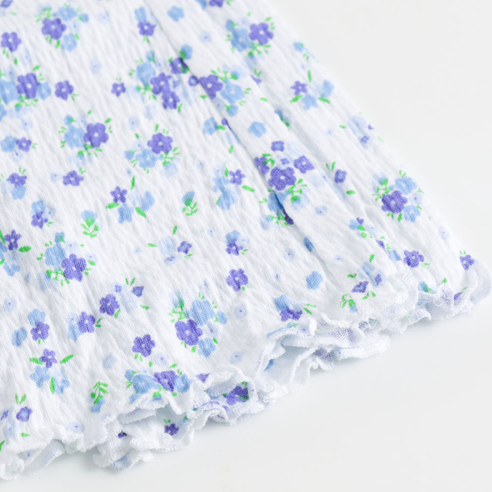 White & Blue Floral Print Flared Ruffle Hem Ribbed Leggings