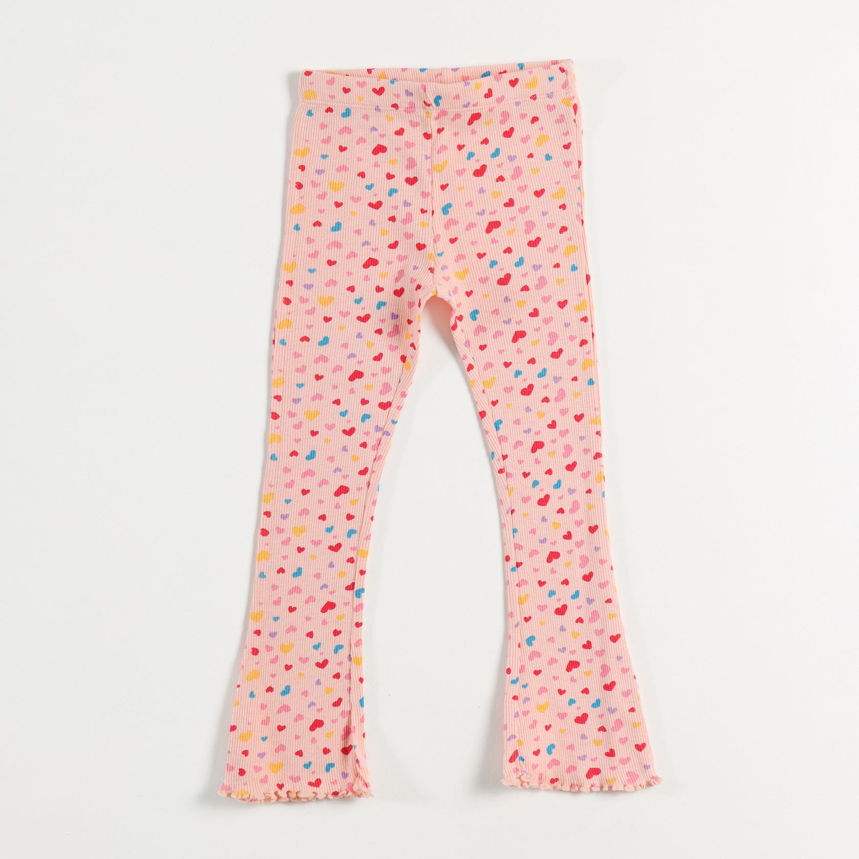 Ribbed Knit Flared Leggings With Multi-Color Heart Print