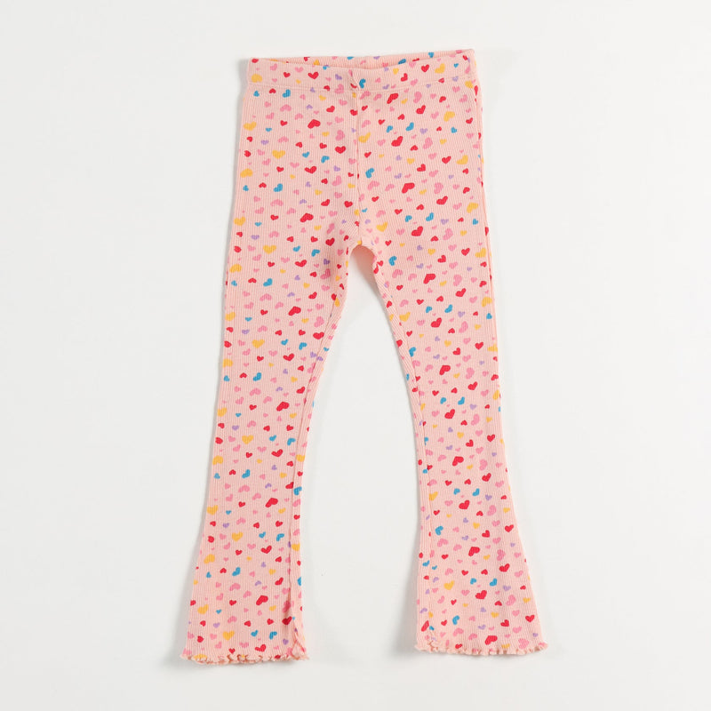 Ribbed Knit Flared Leggings With Multi-Color Heart Print