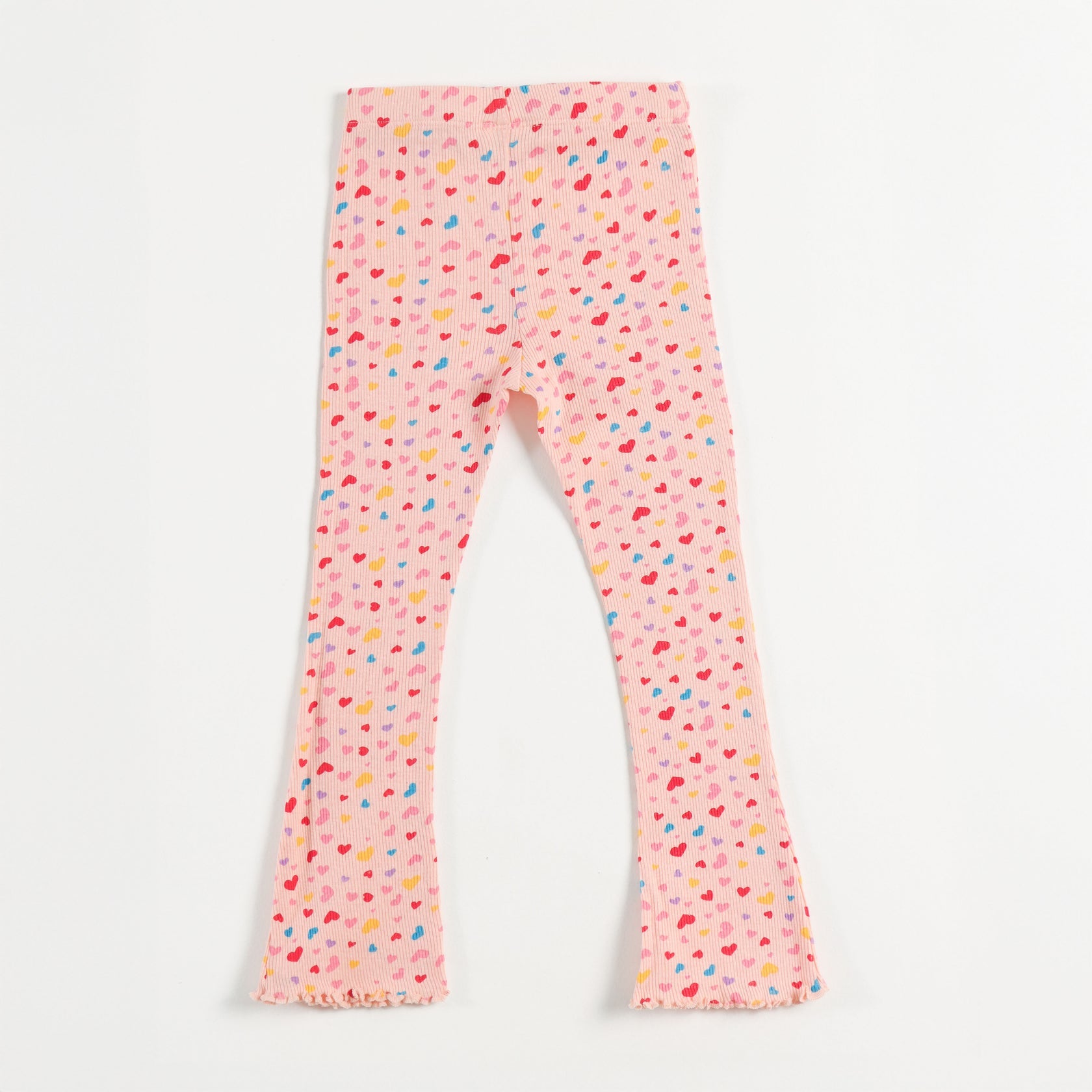 Ribbed Knit Flared Leggings With Multi-Color Heart Print