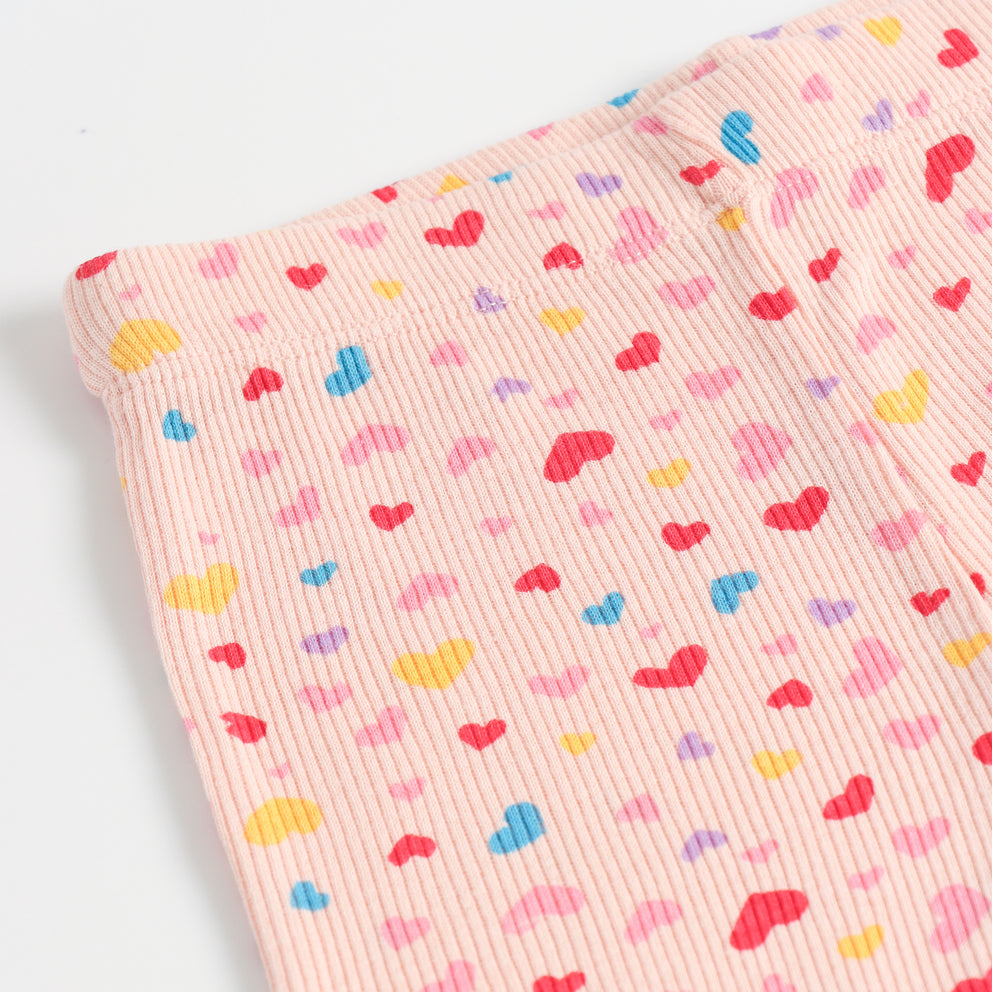 Ribbed Knit Flared Leggings With Multi-Color Heart Print