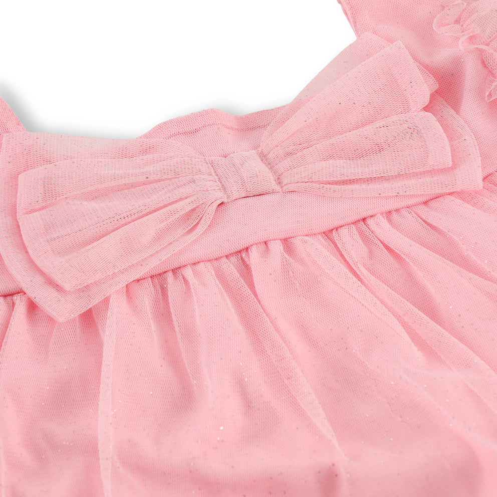 Pink Glitter Mesh Overlay Dress/Tunic Top With Oversized Bow