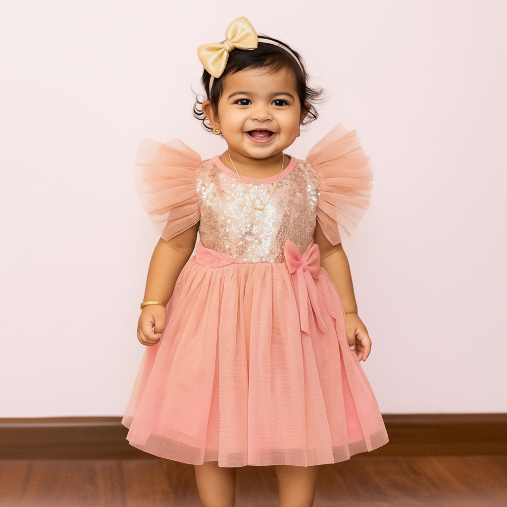 Rose Gold Sequin Tulle Layered Party Dress With Ruffle Sleeves