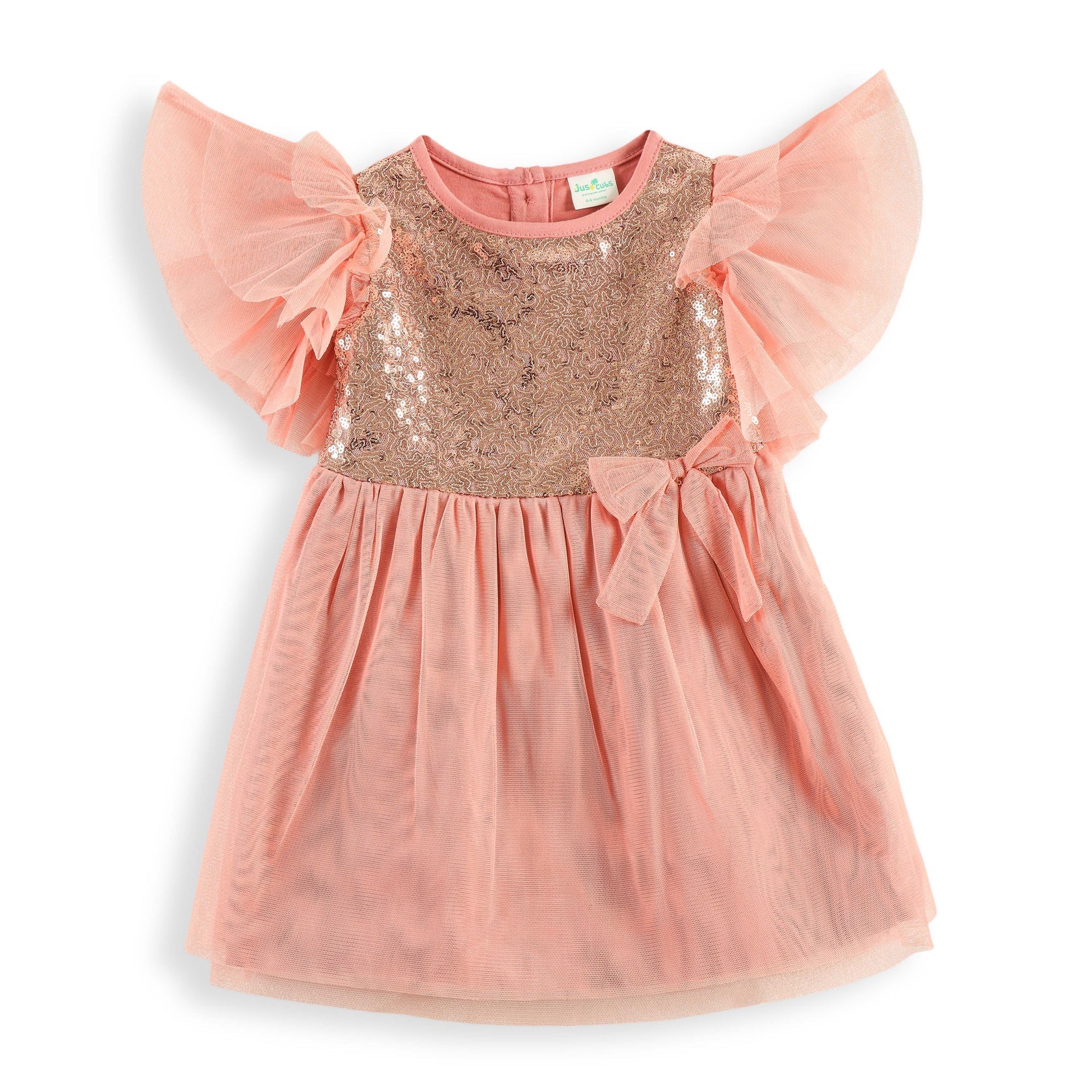 Rose Gold Sequin Tulle Layered Party Dress With Ruffle Sleeves