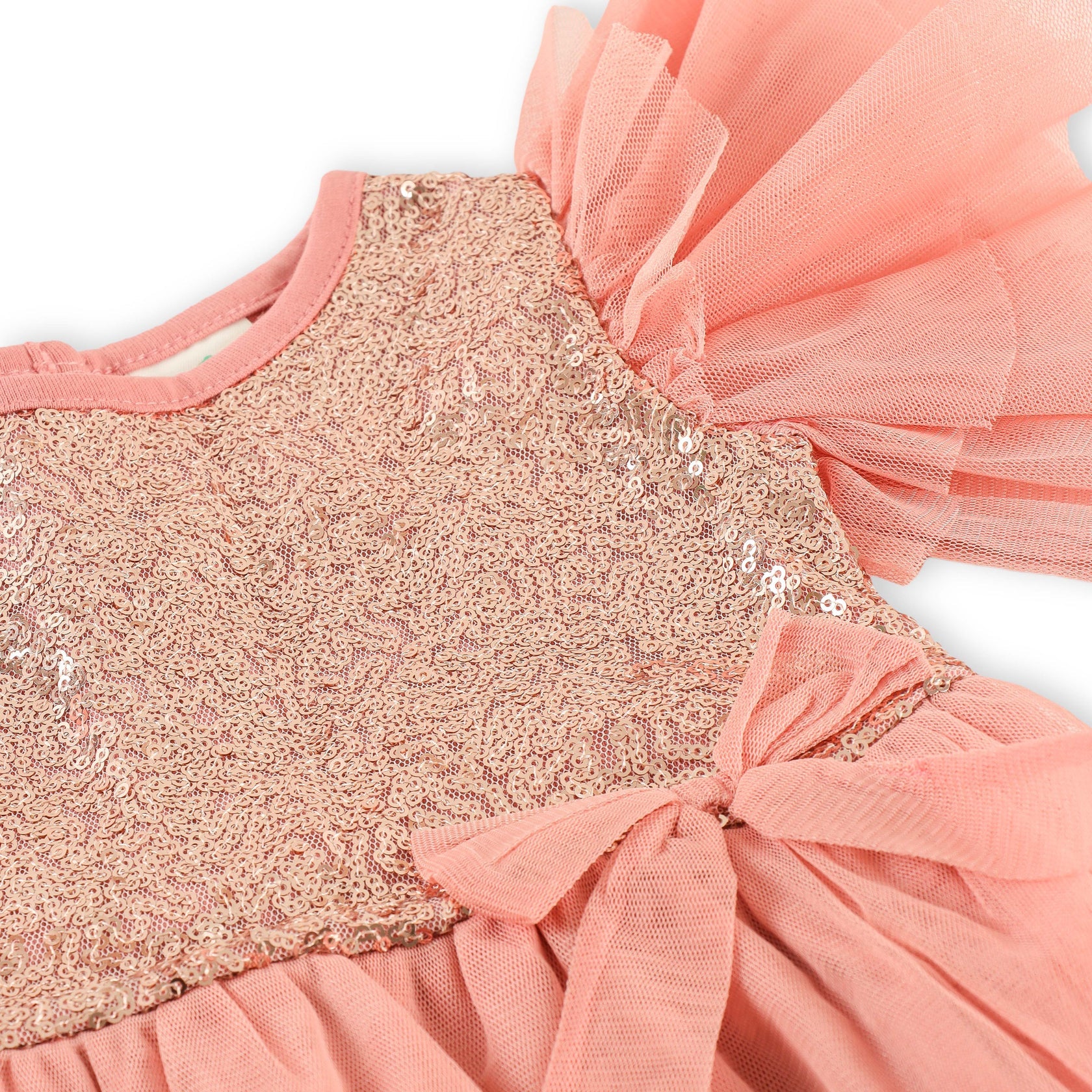 Rose Gold Sequin Tulle Layered Party Dress With Ruffle Sleeves