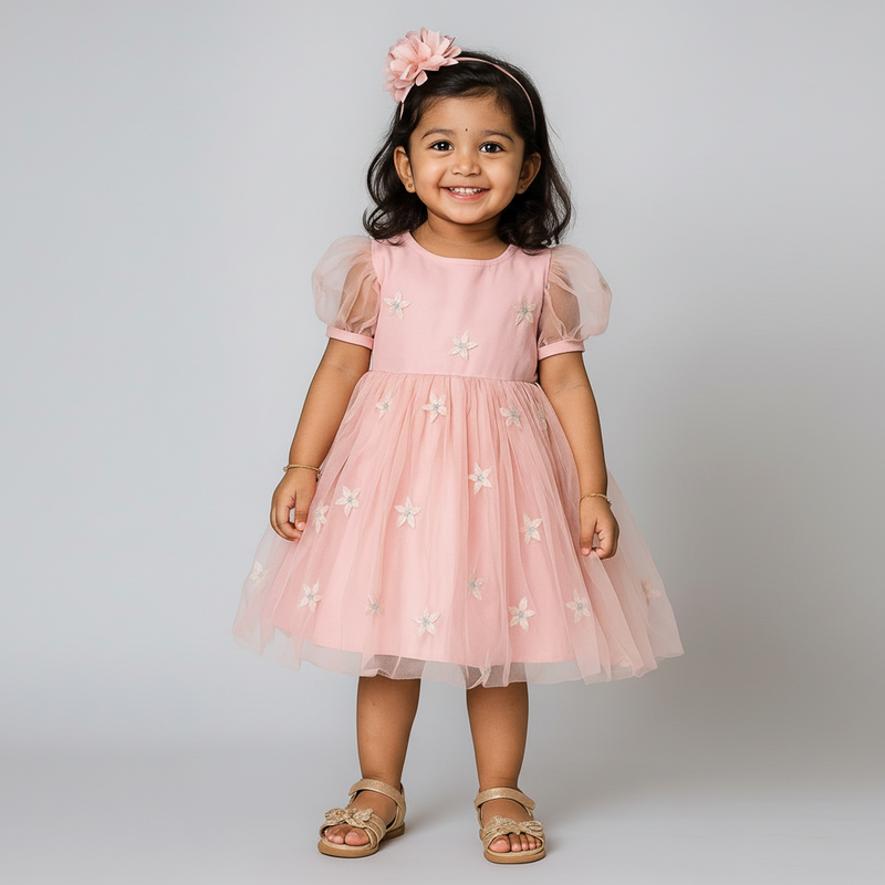 Blush Tulle Flower Embroidered Organza Sleeve Dress