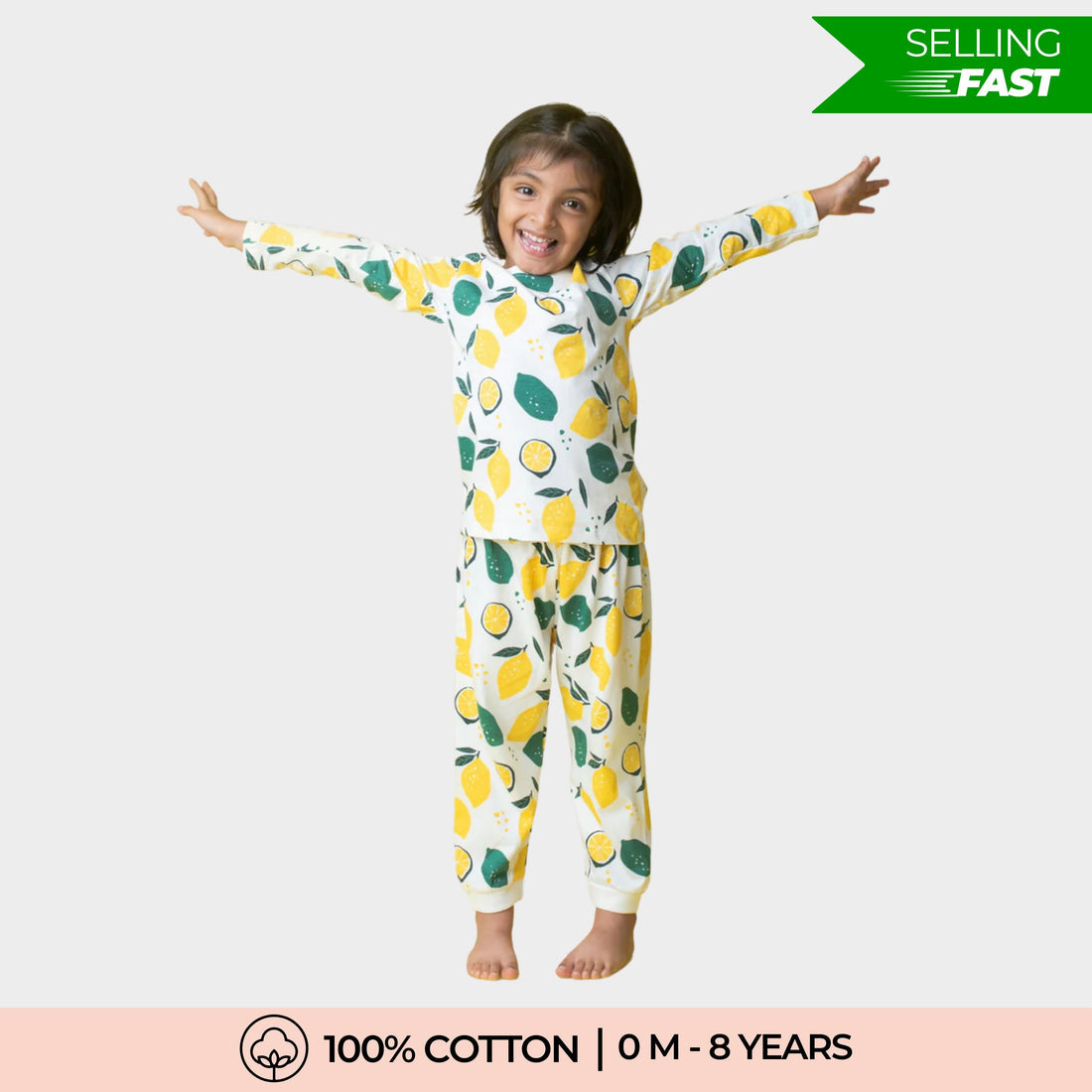 Multicolour Lemon Joy Print Cotton Full Sleeves T-Shirt & Pant Set