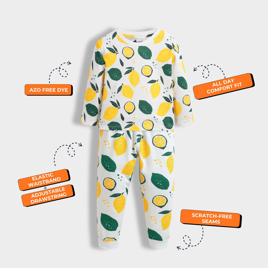 Multicolour Lemon Joy Print Cotton Full Sleeves T-Shirt & Pant Set