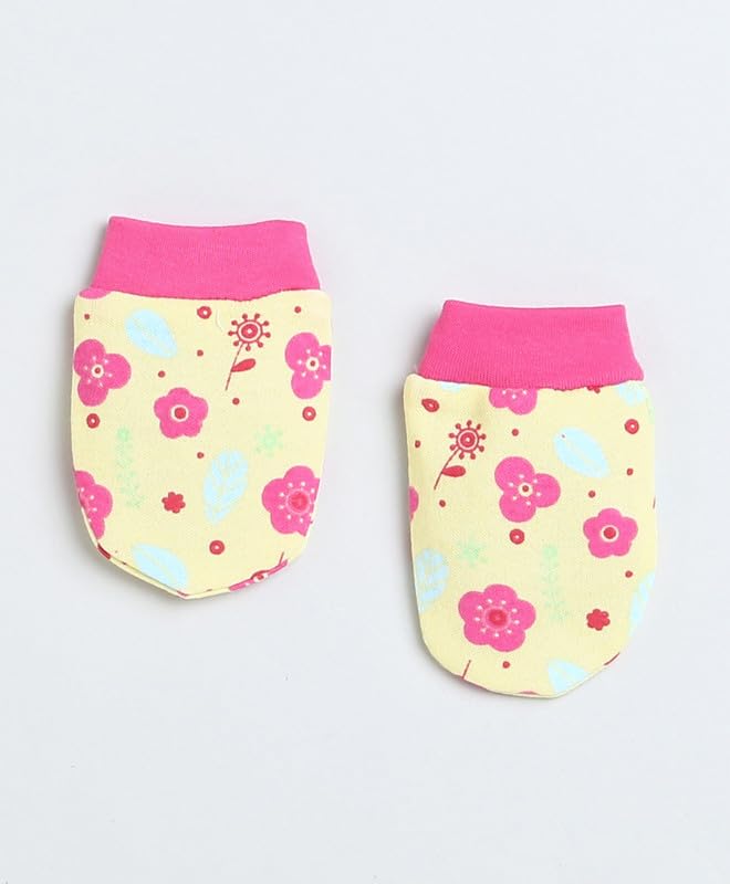 Yellow & Pink Girls Cotton Cap Mitten Bootie Set