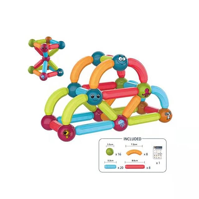 PARTY BOX 52 PCS STEM Magnetic Building Blocks Toy for Kids -Premium Magnetic Sticks and Balls Set- Different Sizes & Curve Shaped - for Boys and Girls
