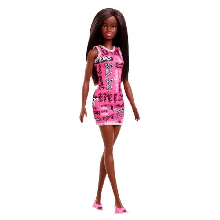 Barbie Fashion Doll with Straight Black Hair Wearing Removable Pink Tank Dress with Logo Print & Shoes