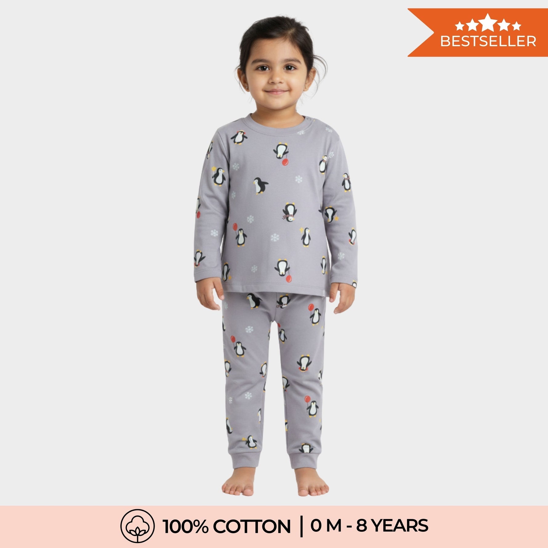 Multicolour Party Penguin Print Cotton Full Sleeves T-Shirt & Pant Set