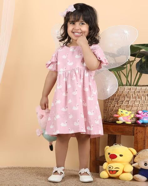 Polka Tots Halfsleeves Swan print frock with headband - Pink