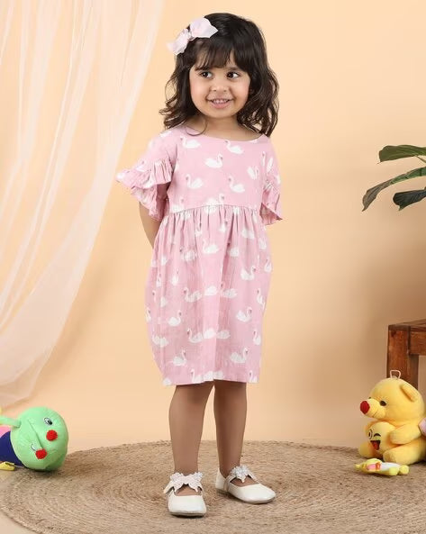 Polka Tots Halfsleeves Swan print frock with headband - Pink