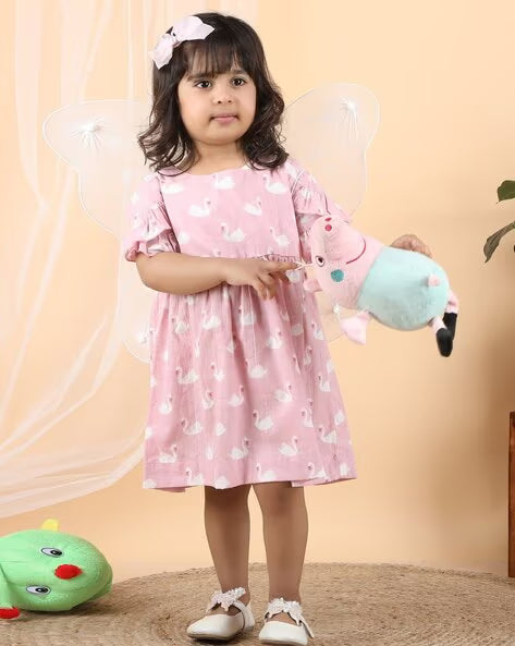Polka Tots Halfsleeves Swan print frock with headband - Pink
