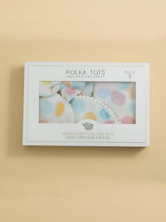 Polka Tots Newborn Pack of 5 100% Soft Double-Layer Muslin Cotton Essentials Gift Box – Polka Dots Print