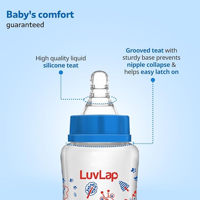 Luvlap Baby Essential Slim Neck Feeding Bottle, 250Ml, Jungle Tales, With Anti Colic Nipple, New Born / Infants / Toddler Upto 3 Years, Bpa Free, , Blue