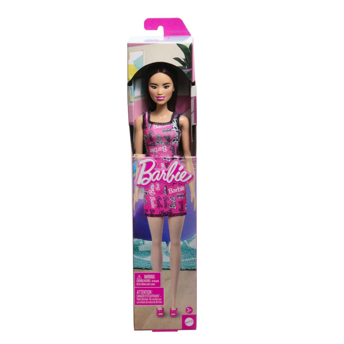 Barbie Fashion Doll with straight Dark Burgundy Hair wearing Removable Pink tank dress & shoes with logo Print