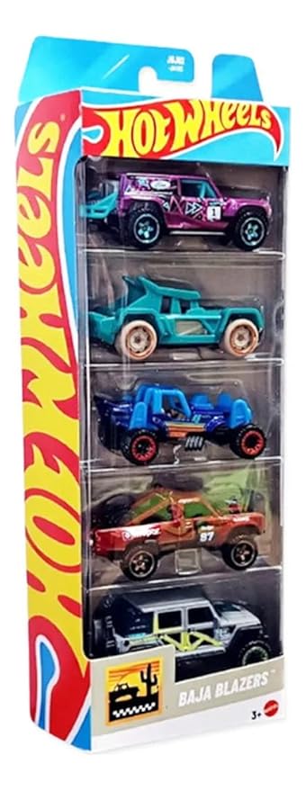 Hot Wheels Car 2025 Baja Blazers Pack of 5 (Bull Whip, 87 Dodge D100, Ford Bronco R, Mountain Mauler, 17 Jeep Wrangler) Multi - Color, 3+ Years