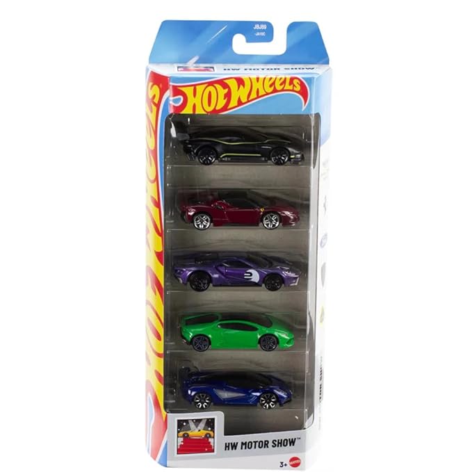 Hot Wheels Car 2025 HW Motor Show Pack of 5 (Aston Martin Vulcan, Ferrari SF90 Stradale, 17 Ford GT, Lamborghini Huracan Lp 610-4, Lotus Evija) Multi - Color
