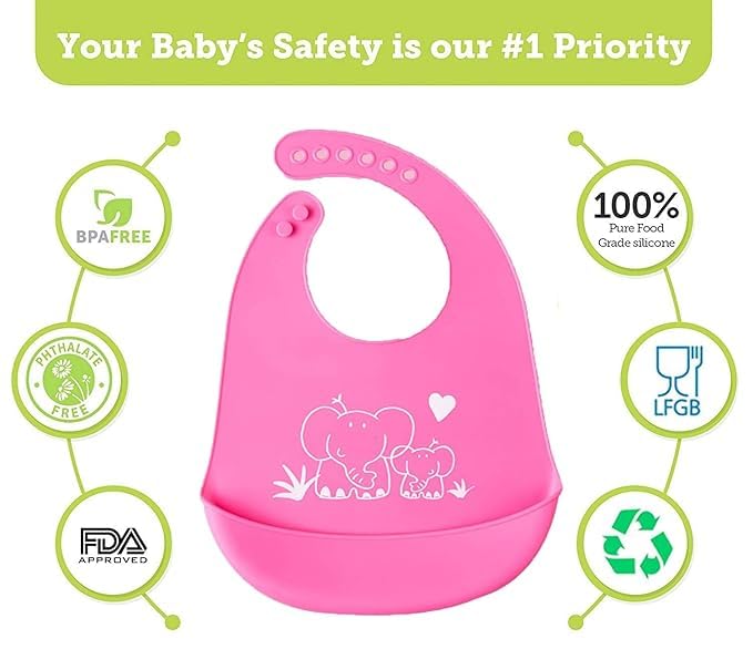 Babygo Silicone Baby Bib For Feeding & Weaning Babies & Toddlers | Waterproof, Washable & Reusable | Easy Cleaning, Lightweight, Adjustable Neckline With Buttons, Mess-Free Bib | Pink Elephant Design