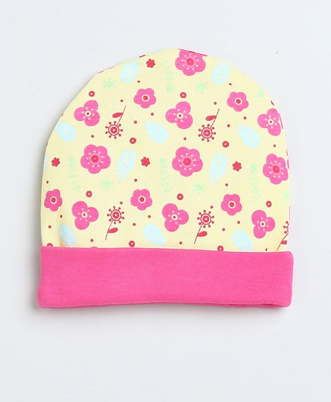 Yellow & Pink Girls Cotton Cap Mitten Bootie Set