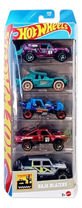 Hot Wheels Car 2025 Baja Blazers Pack of 5 (Bull Whip, 87 Dodge D100, Ford Bronco R, Mountain Mauler, 17 Jeep Wrangler) Multi - Color, 3+ Years