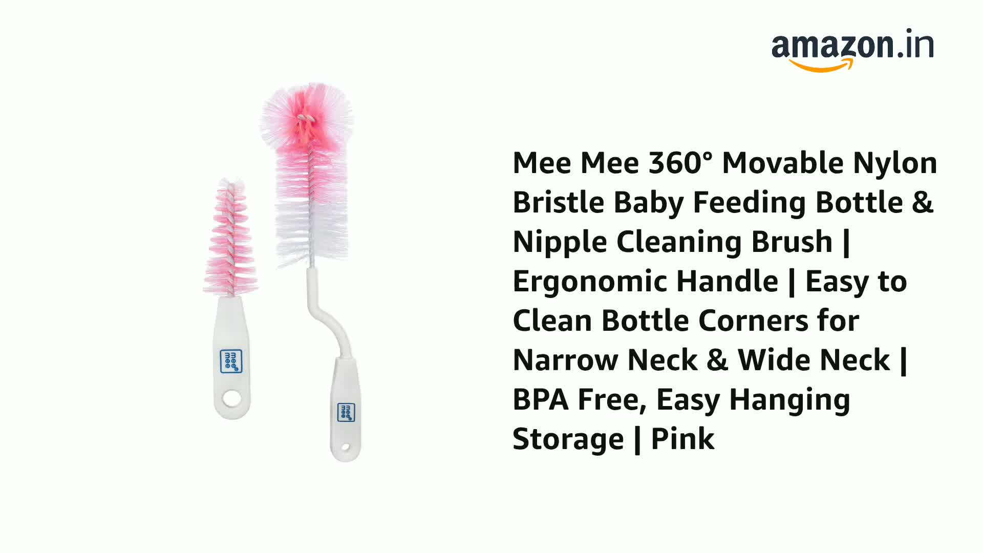 Mee Mee 360° Movable Silicone Bristle Baby Feeding Bottle Cleaning Brush & Nipple Cleaner | Ergonomic Handle | Easy To Clean Narrow & Wide Neck Feeding Bottles | Bpa Free, Easy Hanging Storage (Pink)