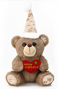 Webby Plush Birthday Teddy Bear with Heart Shape Happy Birthday Printing (Brown)
