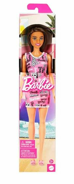 Barbie Fashion Doll with straight Brown Hair wearing Removable light Pink tank dress & shoes with logo Print