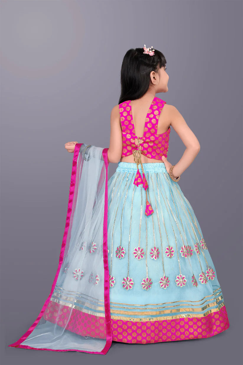 Girls Ethnic Wear Lehenga, Choli and Dupatta Set (Pink & Blue)
