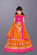Girls Ethnic Wear Lehenga, Choli and Dupatta Set (Orange & Pink)