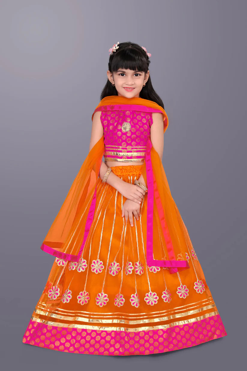 Girls Ethnic Wear Lehenga, Choli and Dupatta Set (Orange & Pink)