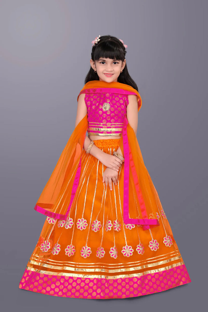 Girls Ethnic Wear Lehenga, Choli and Dupatta Set (Orange & Pink)