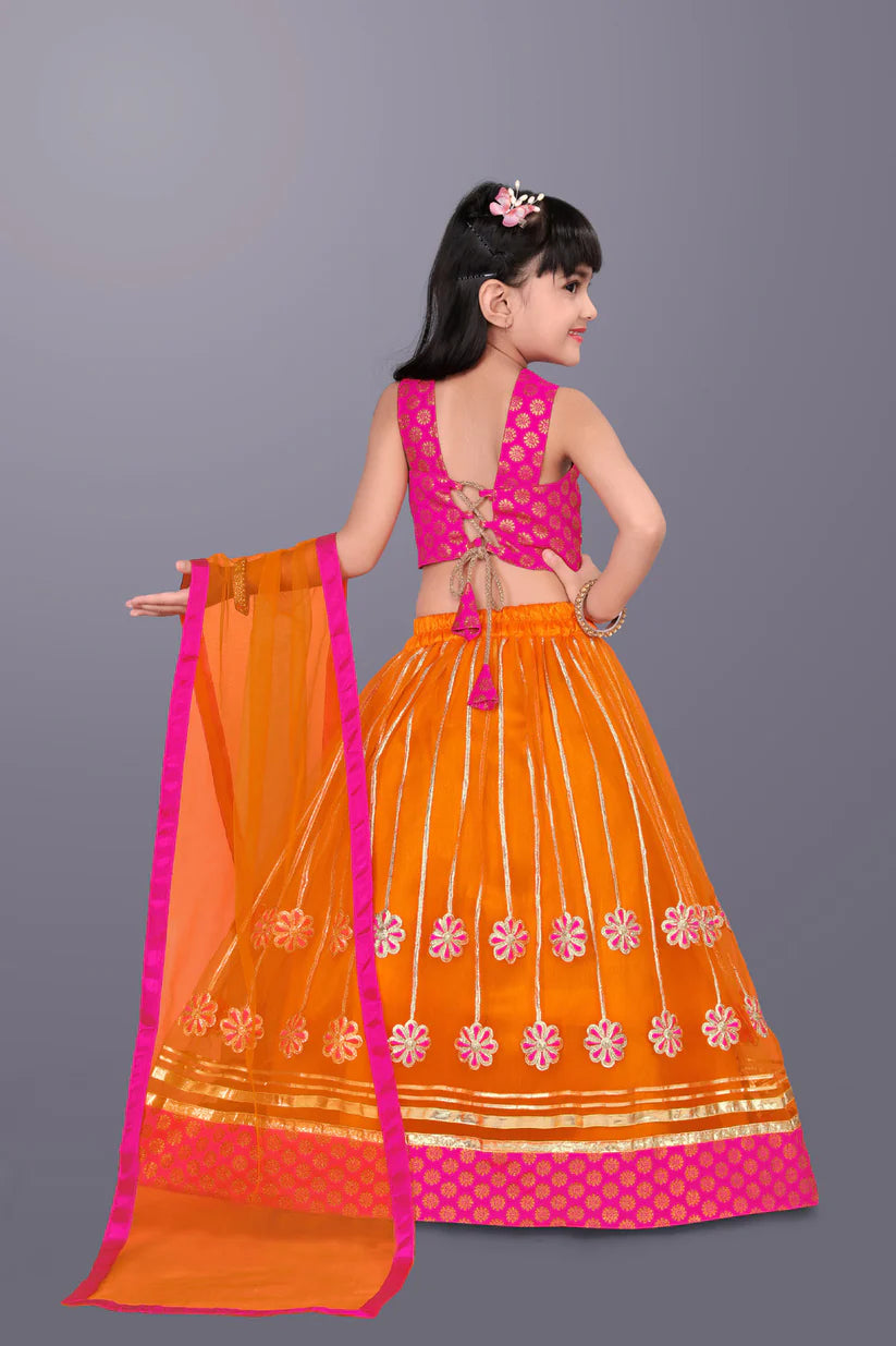 Girls Ethnic Wear Lehenga, Choli and Dupatta Set (Orange & Pink)