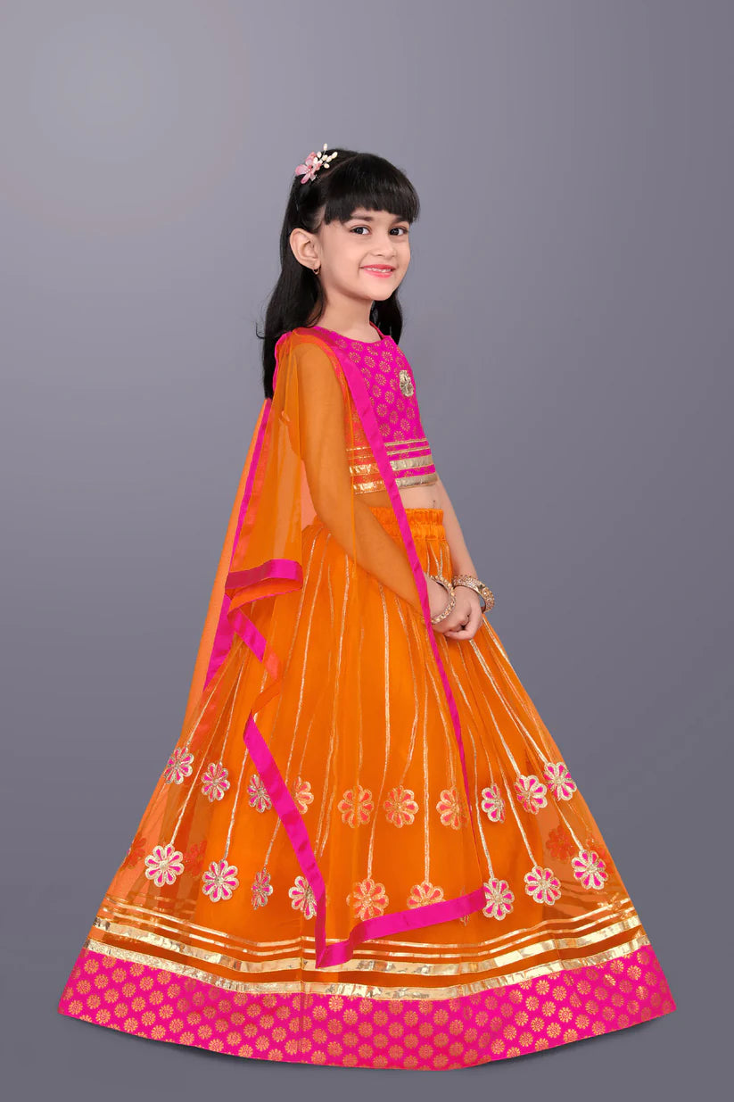 Girls Ethnic Wear Lehenga, Choli and Dupatta Set (Orange & Pink)