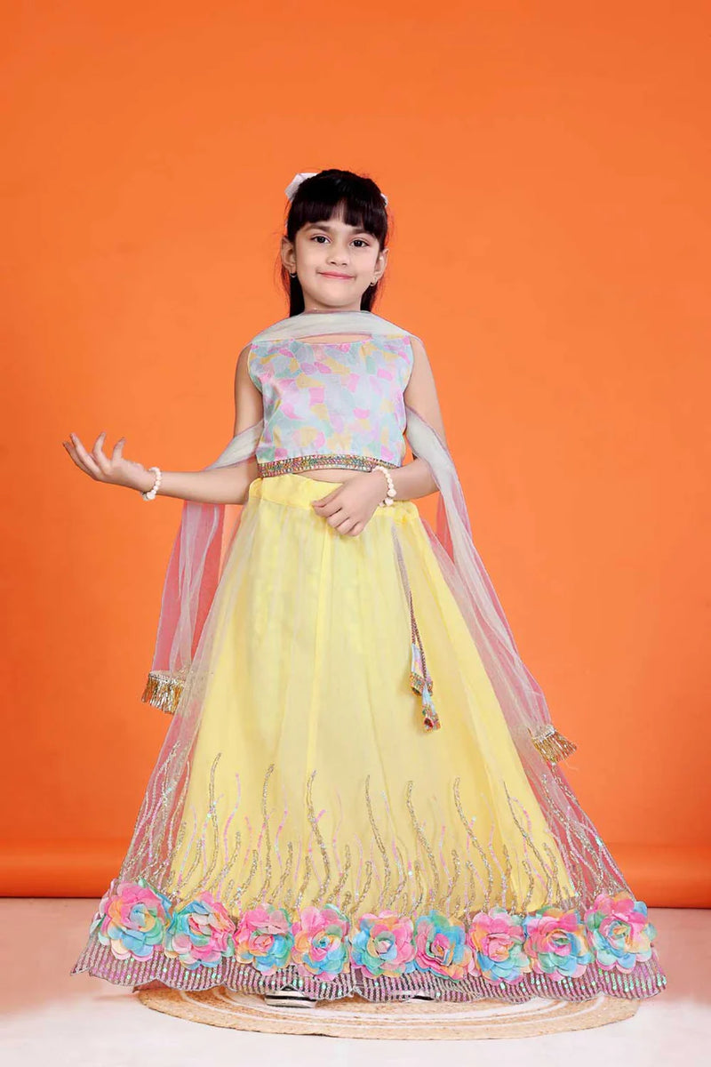 Baby Girls Embriodery Work Lehenga Set (Yellow)