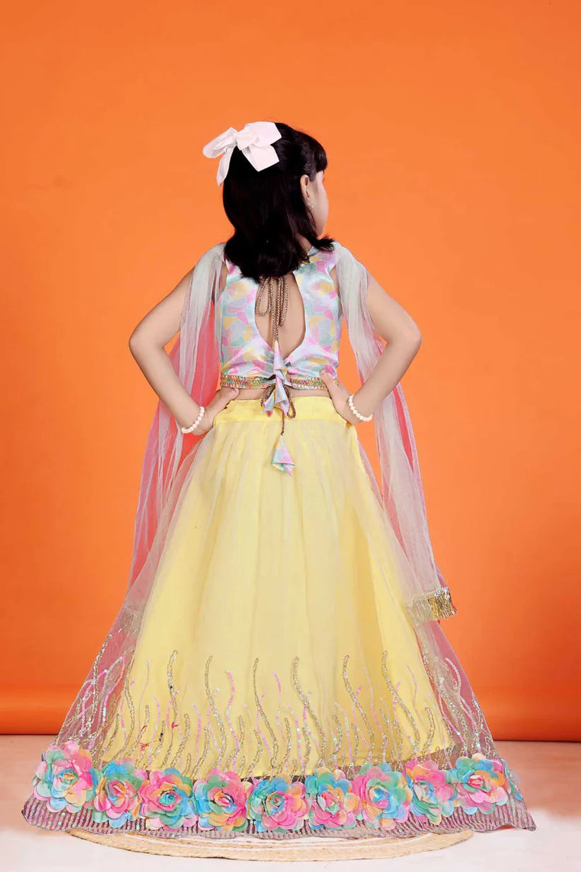Baby Girls Embriodery Work Lehenga Set (Yellow)