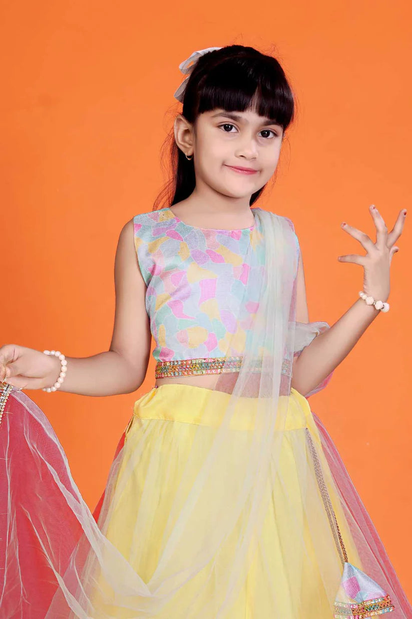 Baby Girls Embriodery Work Lehenga Set (Yellow)