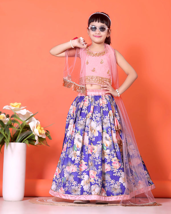 Floral Print Lehenga, Choli and Dupatta Set for Girls