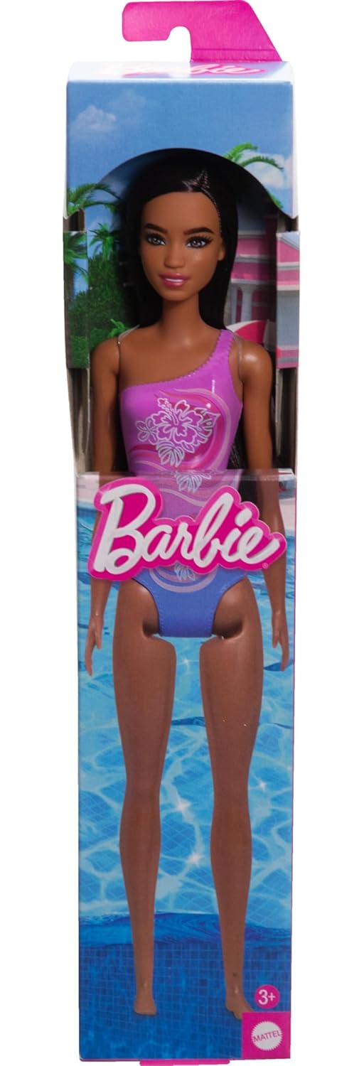 Beach Barbie Doll With Dark Brown Hair Wearing Tropical Purple Swimsuit