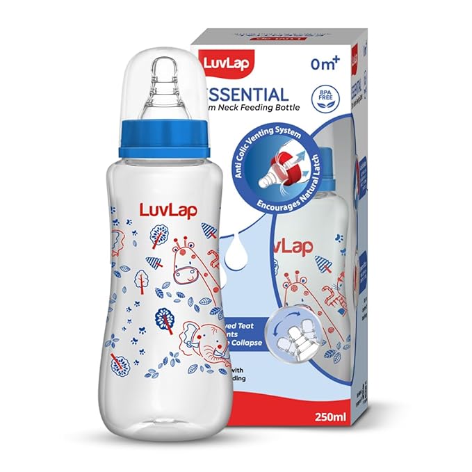 Luvlap Baby Essential Slim Neck Feeding Bottle, 250Ml, Jungle Tales, With Anti Colic Nipple, New Born / Infants / Toddler Upto 3 Years, Bpa Free, , Blue
