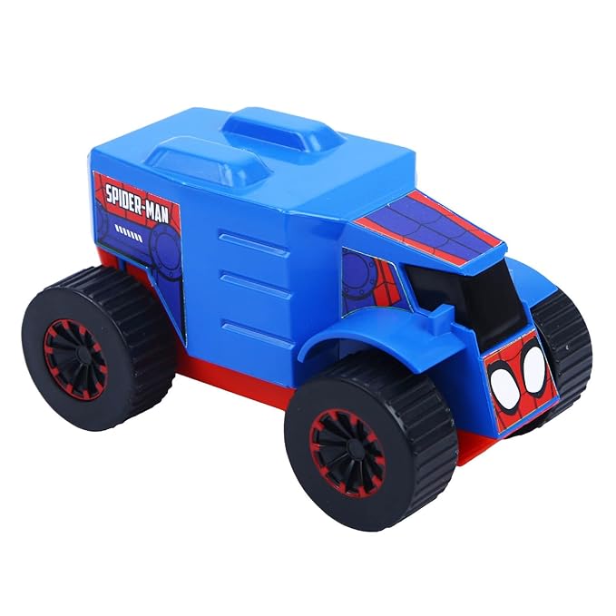SKOODLE Kid Marvel Pull-Back Monster Truck - Spiderman Edition, Marvel Inspired Toy Bikes with Sturdy and Long-Lasting Construction, Enhances Motor Skills and Fun Vehicle Toy for Gifting - Blue & Red