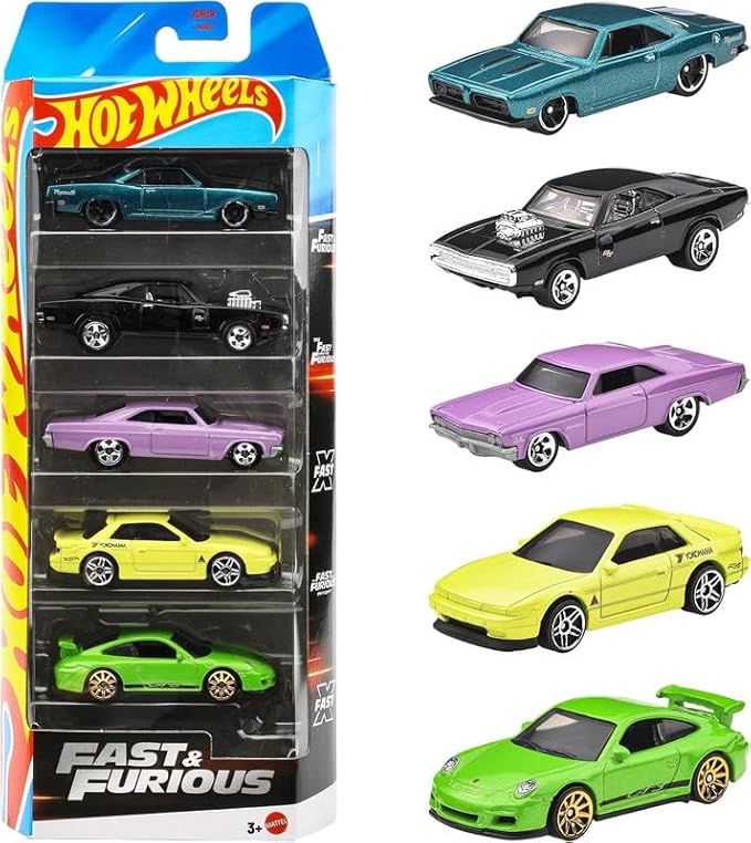 Hot Wheels 2025 Fast & Furious Pack of 5 (70 Dodge Charger RT, 1966 Chevrolet Impala, Porsche 911 Gt3 RS, 68 Plymouth Barracuda Formula S, Nissan Silvia) Multi - Color