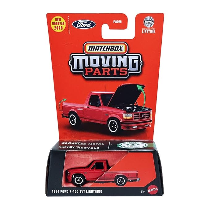 Hot Wheels Match Box Moving Parts 1994 Ford F-150 SVT Lightning for 3 Years & Above (Red)