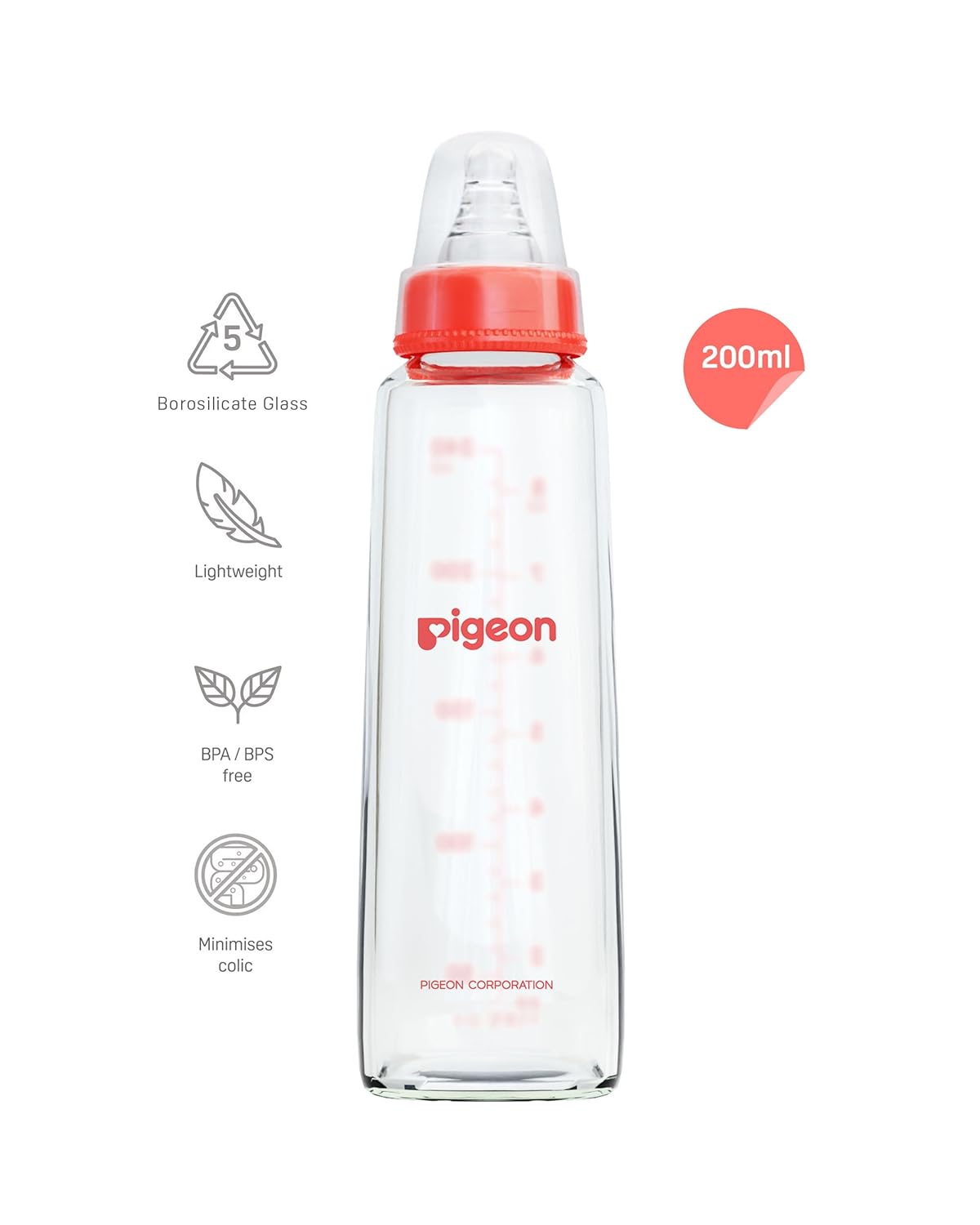 Pigeon Flexible Glass Nursing/Feeding Bottle With Added Nipple M,For 4+ Month Babies,Borosilicate Nursing/Feeding Bottle for Babies,BPA Free,BPS Free,Red,200 ml