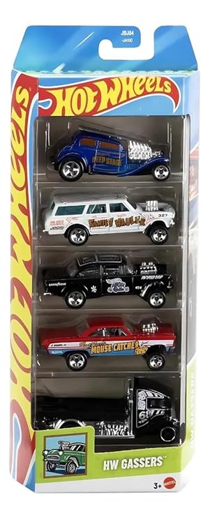 Hot Wheels Car 2025 HW Gassers Pack of 5 (55 Chevy Bel Air Gasser, 65 Mercury Comet Cyclone, 64 Chevy Nova Gasser, Straight Pipes, Fast-Bed Hauler) Multi - Color