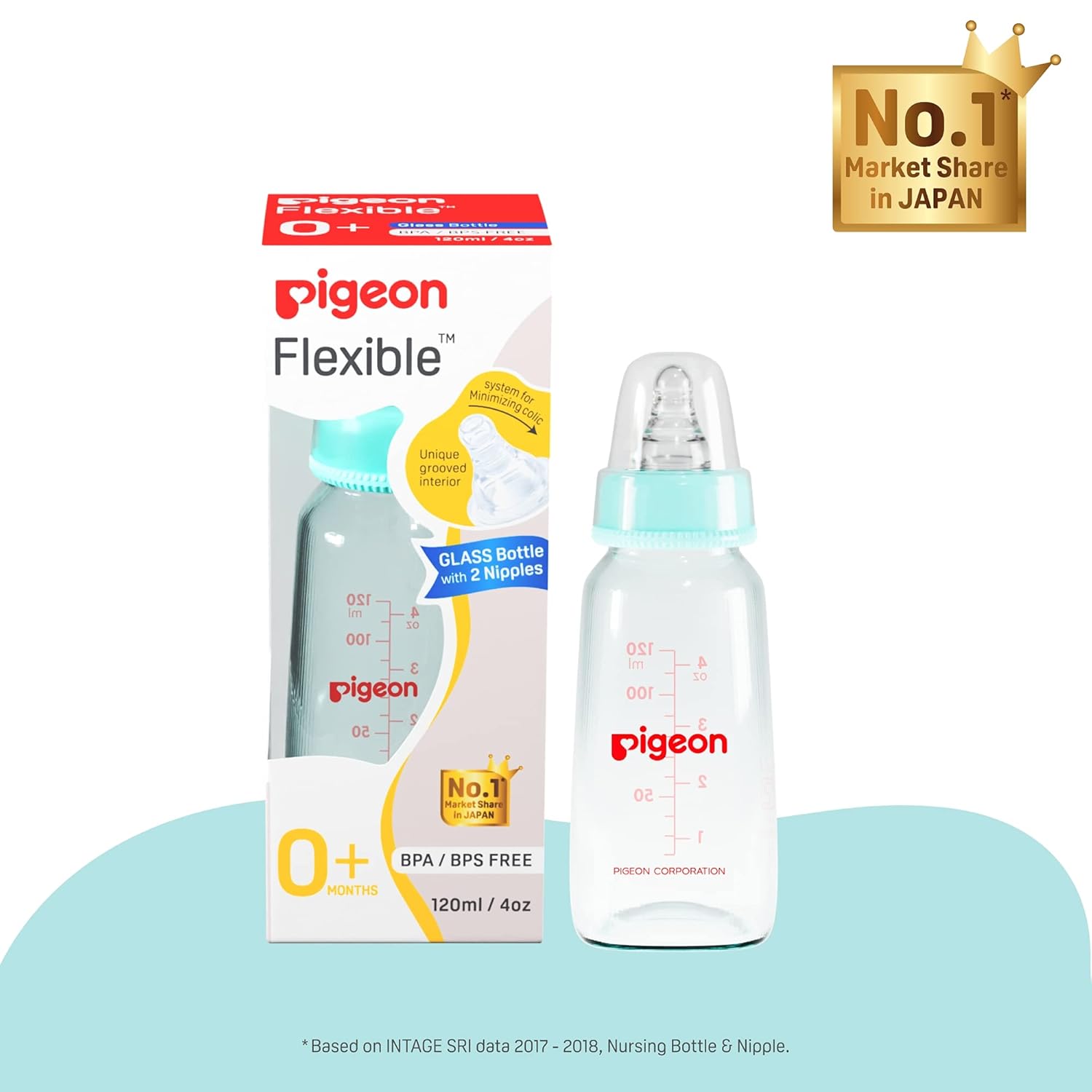 Pigeon Premium Glass Baby Feeding Bottle for New Born | with Added Anti-Colic Nipple | for 0+ Month Babies | BPS Free | BPA Free | Pale Blue Colour| 120 ml