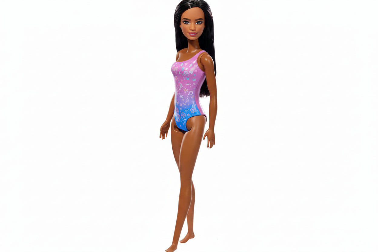 Beach Barbie Doll With Dark Brown Hair Wearing Tropical Purple Swimsuit